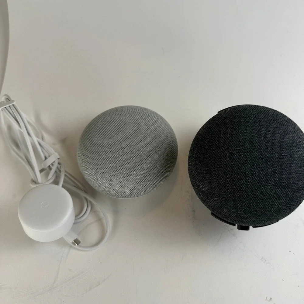 Google Home Mini Lot of 2 Smart Speakers Chalk Charcoal Wall Mount Charger